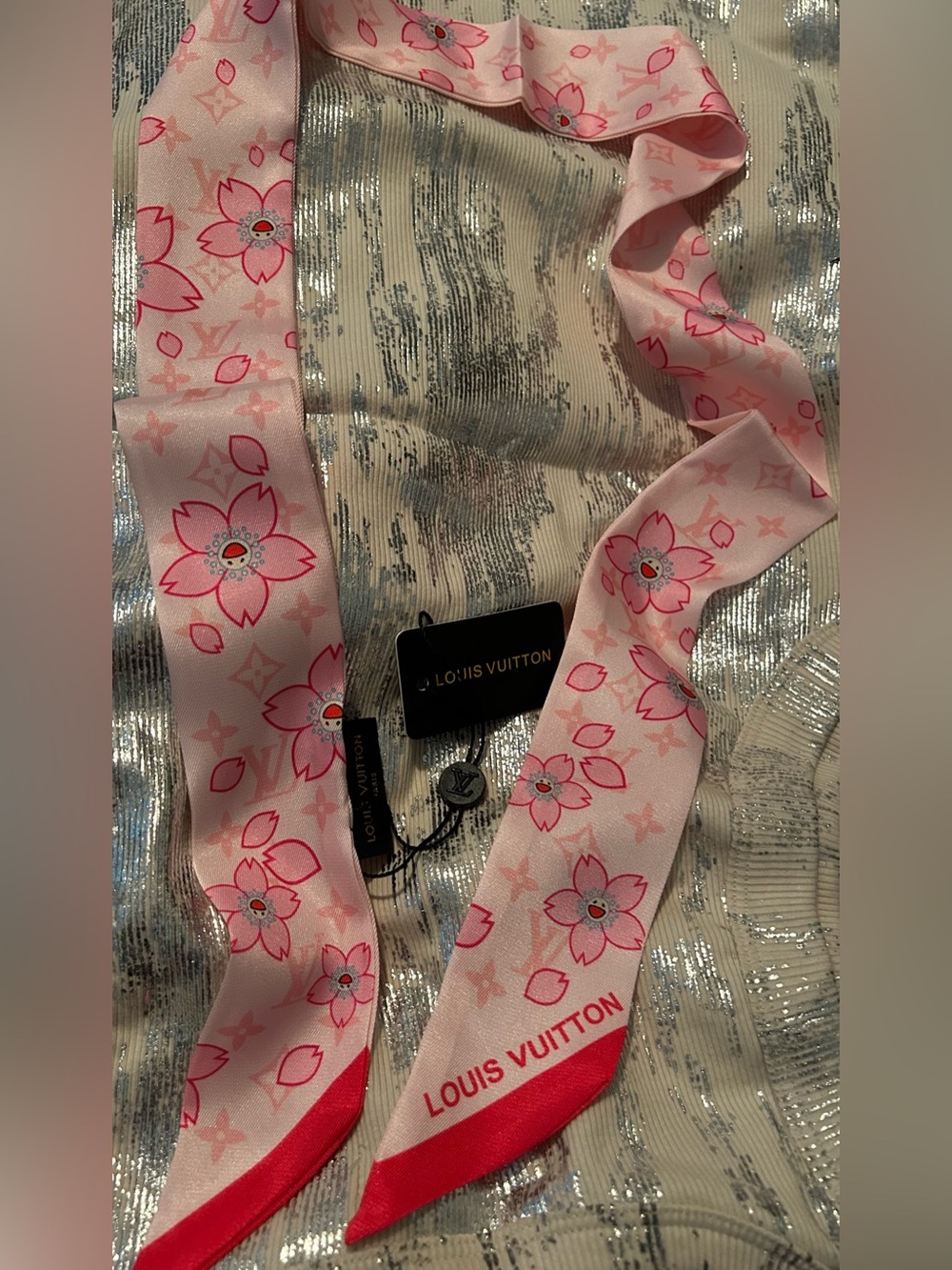 Louis Vuitton Pink Monogram Floral with red trim Silk Twill Scarf Beautiful